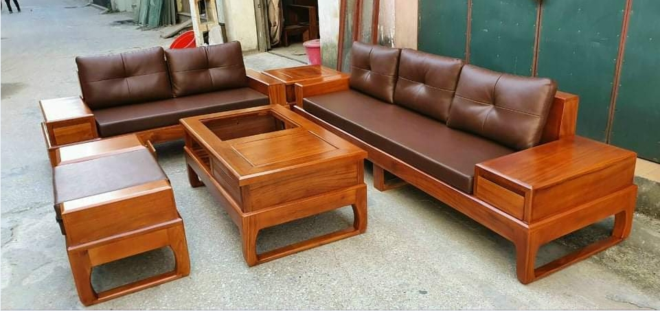 Bộ ghế sofa gỗ phòng khách thạch thất 2 văng chân quỳ chữ U gỗ sồi