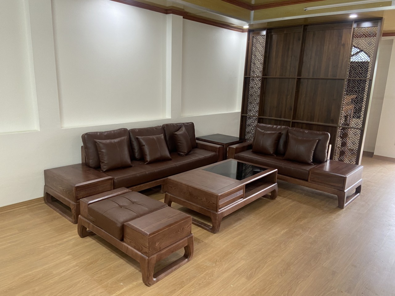 Bộ bàn ghế sofa gỗ phòng khách 2 văng 2023 gỗ sồi lau màu óc chó